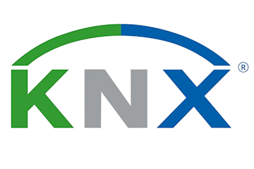 KNX-logo med grønn, grå og blå tekst og en buet linje over.